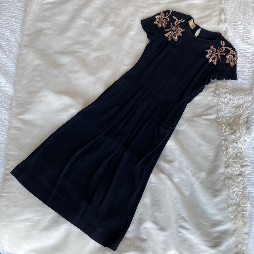 Femme fatale 1940s black rayon dress/gown with sequins and beading